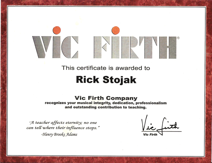 Rick's Vic Firth Certificate